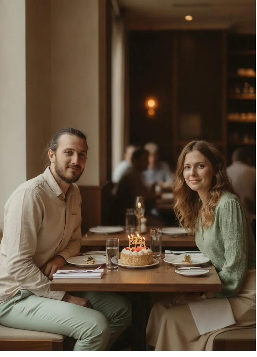 Adam and Lora seated at a restaurant table with a small birthday cake between them.