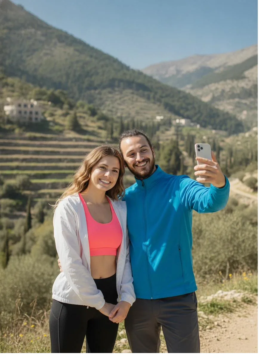 Adam and Lora taking a selfie on a mountain trail overlooking a valley.