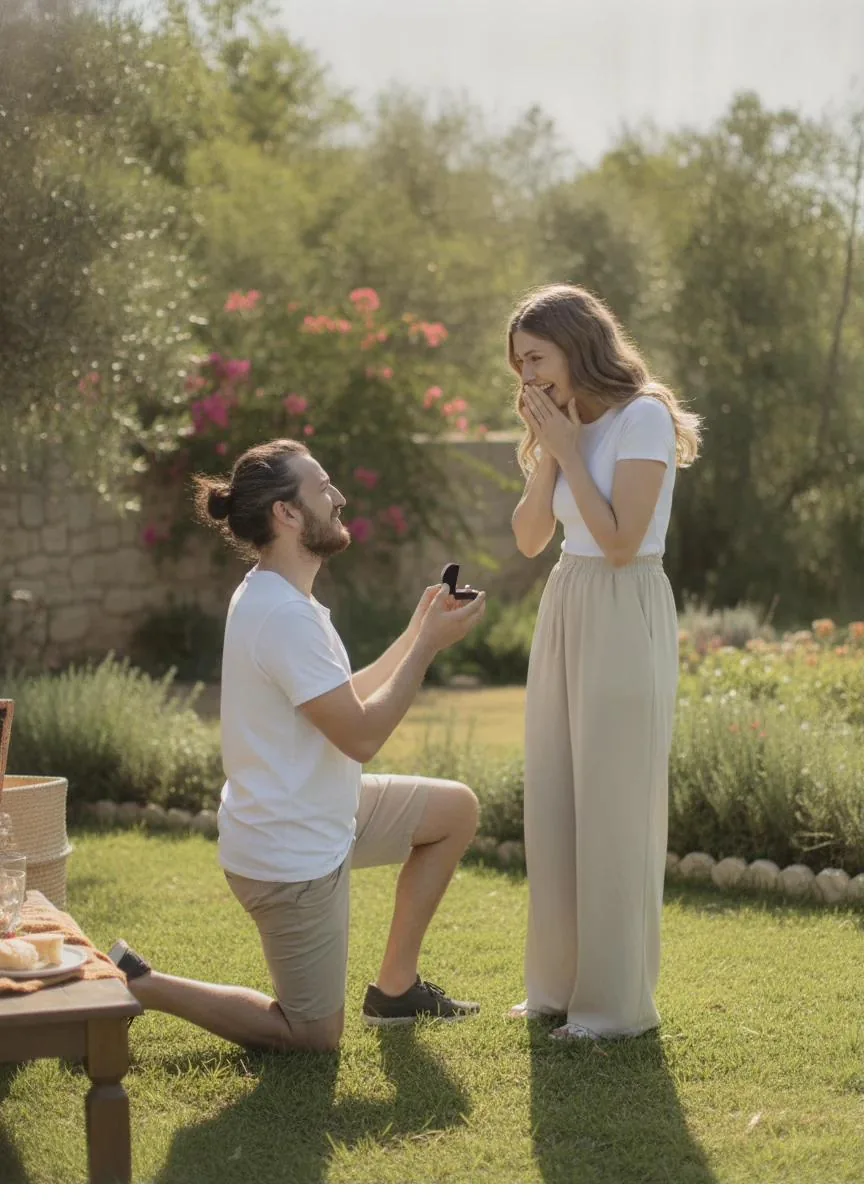 Adam kneeling with a ring box in a garden as Lora reacts with surprise and joy.